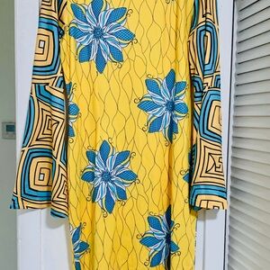Flared Sleeves Yellow and Blue Floral Patterned Dress